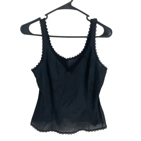 Y2K Sheer Black Nylon Tank Top Lingerie Lace Trim Bow Fairy Grunge Coquette M - Picture 1 of 6